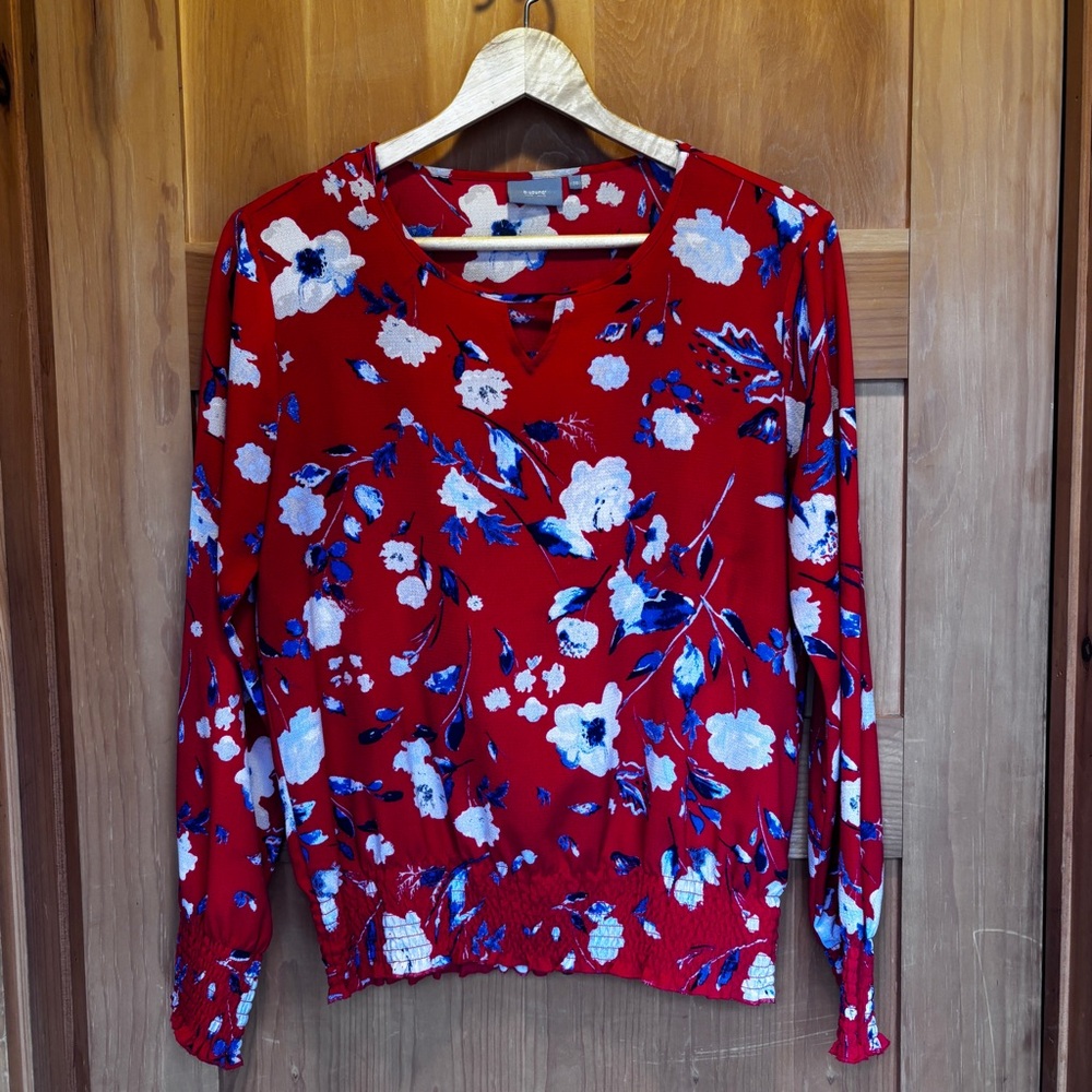 Women’s B. Young Red Floral V-Neck Long Sleeve Blouse with Smocked Hem